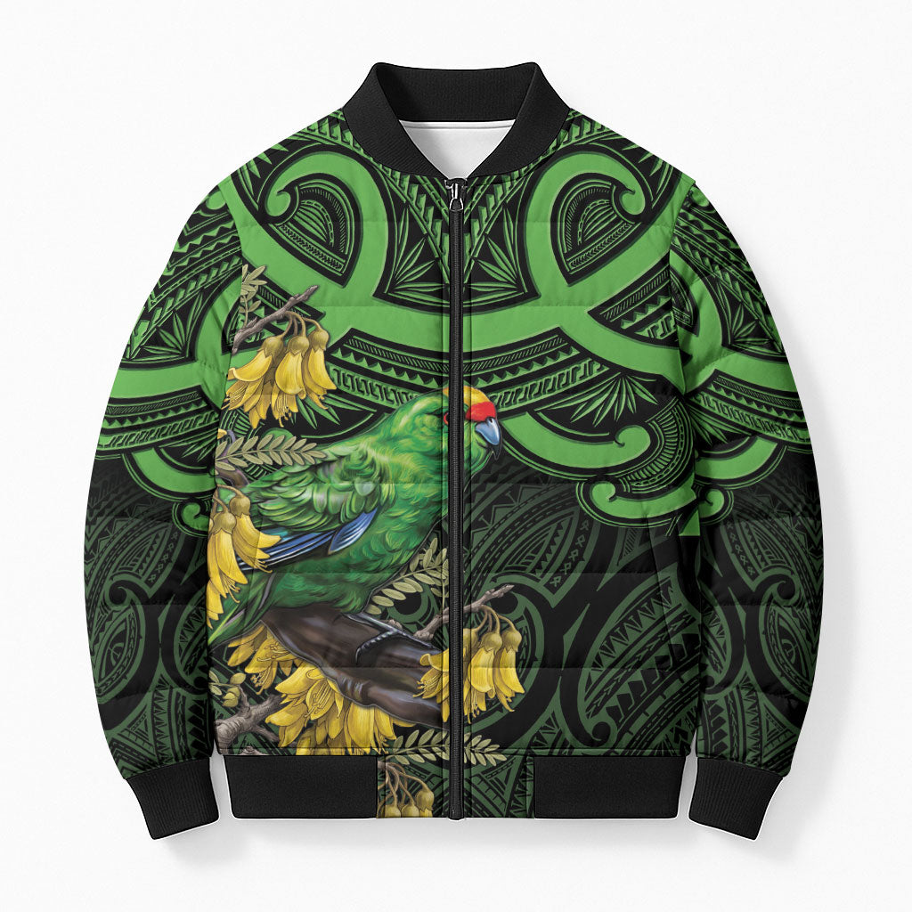 New Zealand Parakeet Bird Bomber Puffer Jacket Maori Kakariki Kowhai Maori Pattern