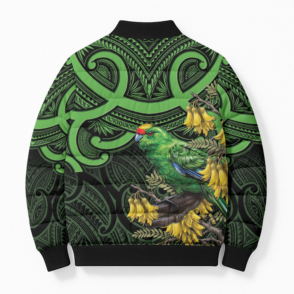 New Zealand Parakeet Bird Bomber Puffer Jacket Maori Kakariki Kowhai Maori Pattern