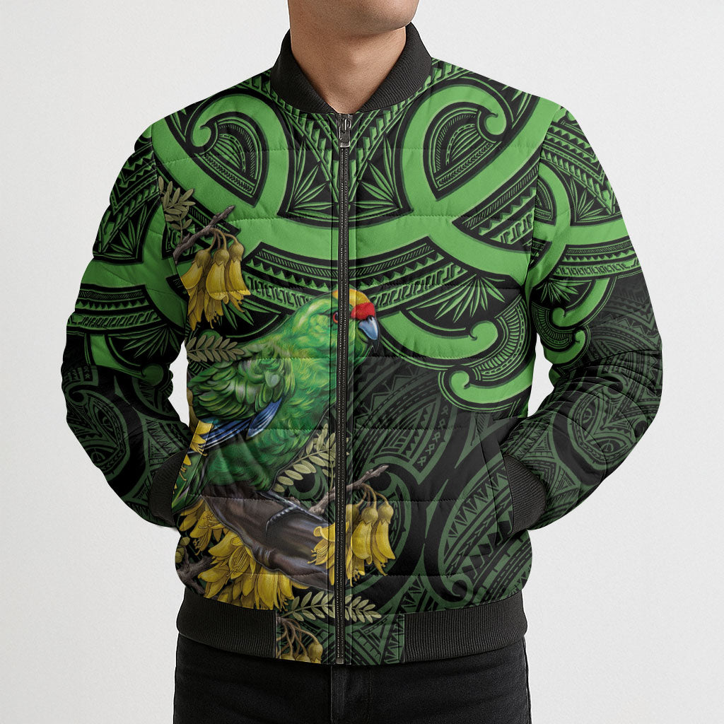 New Zealand Parakeet Bird Bomber Puffer Jacket Maori Kakariki Kowhai Maori Pattern