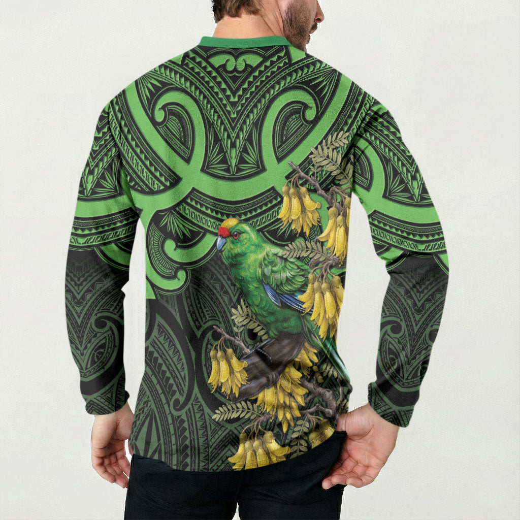 New Zealand Parakeet Bird Button Sweatshirt Maori Kakariki Kowhai Maori Pattern