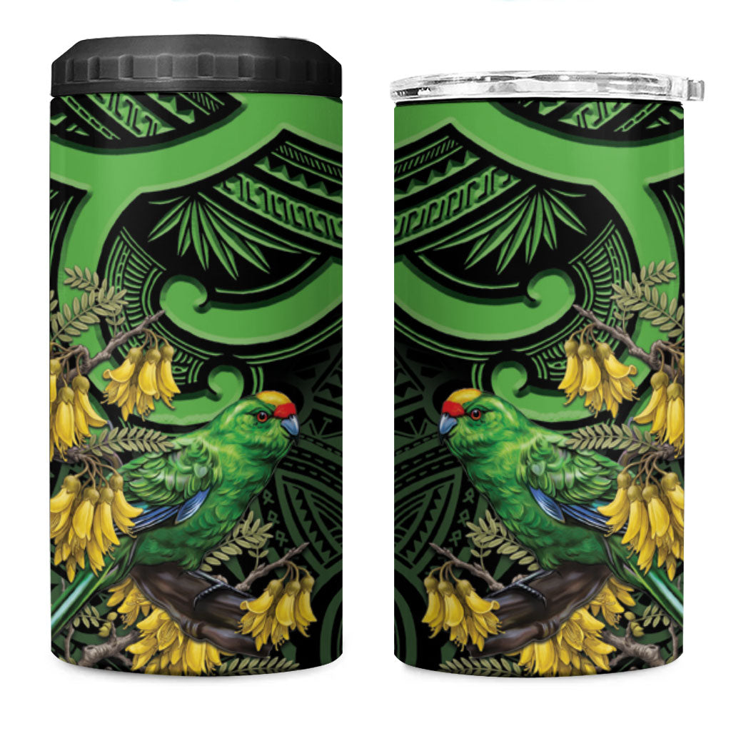 New Zealand Parakeet Bird 4 in 1 Can Cooler Tumbler Maori Kakariki Kowhai Maori Pattern