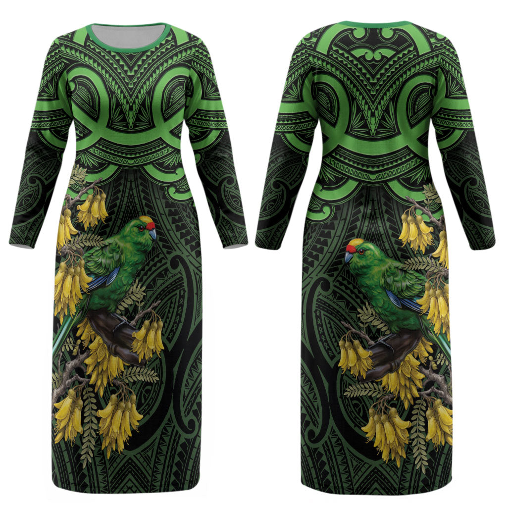 New Zealand Parakeet Bird Couples Matching Long Sleeve Bodycon Dress and Long Sleeve Button Shirt Maori Kakariki Kowhai Maori Pattern