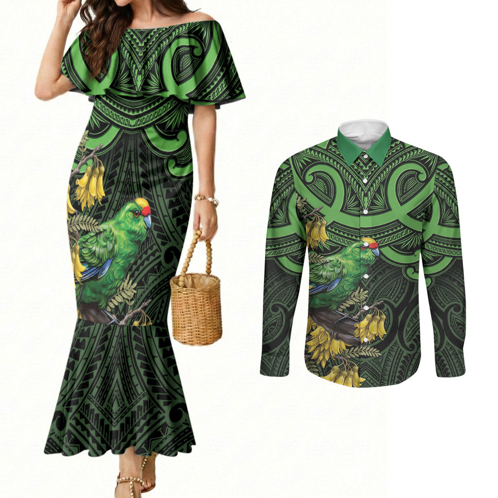 New Zealand Parakeet Bird Couples Matching Mermaid Dress and Long Sleeve Button Shirt Maori Kakariki Kowhai Maori Pattern