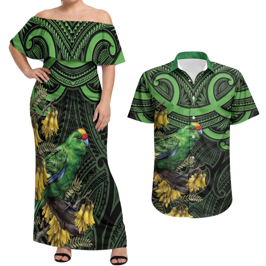 New Zealand Parakeet Bird Couples Matching Off Shoulder Maxi Dress and Hawaiian Shirt Maori Kakariki Kowhai Maori Pattern