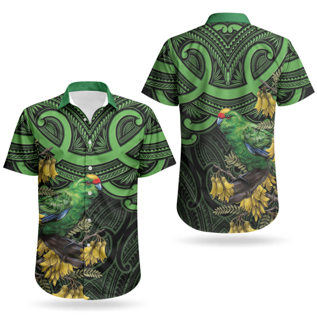 New Zealand Parakeet Bird Couples Matching Off Shoulder Maxi Dress and Hawaiian Shirt Maori Kakariki Kowhai Maori Pattern