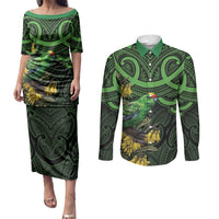 New Zealand Parakeet Bird Couples Matching Puletasi and Long Sleeve Button Shirt Maori Kakariki Kowhai Maori Pattern