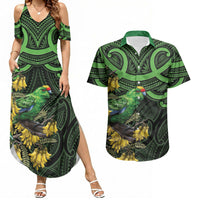 New Zealand Parakeet Bird Couples Matching Summer Maxi Dress and Hawaiian Shirt Maori Kakariki Kowhai Maori Pattern
