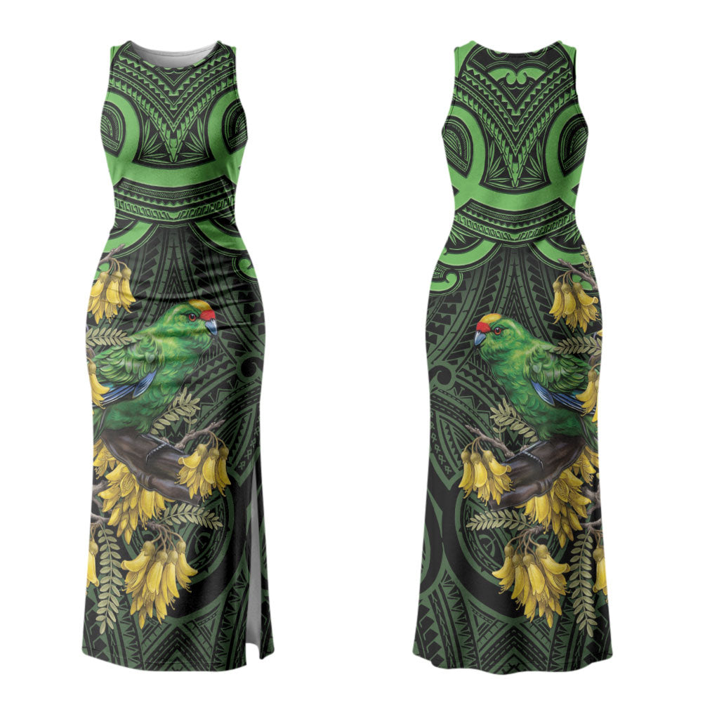 New Zealand Parakeet Bird Couples Matching Tank Maxi Dress and Hawaiian Shirt Maori Kakariki Kowhai Maori Pattern