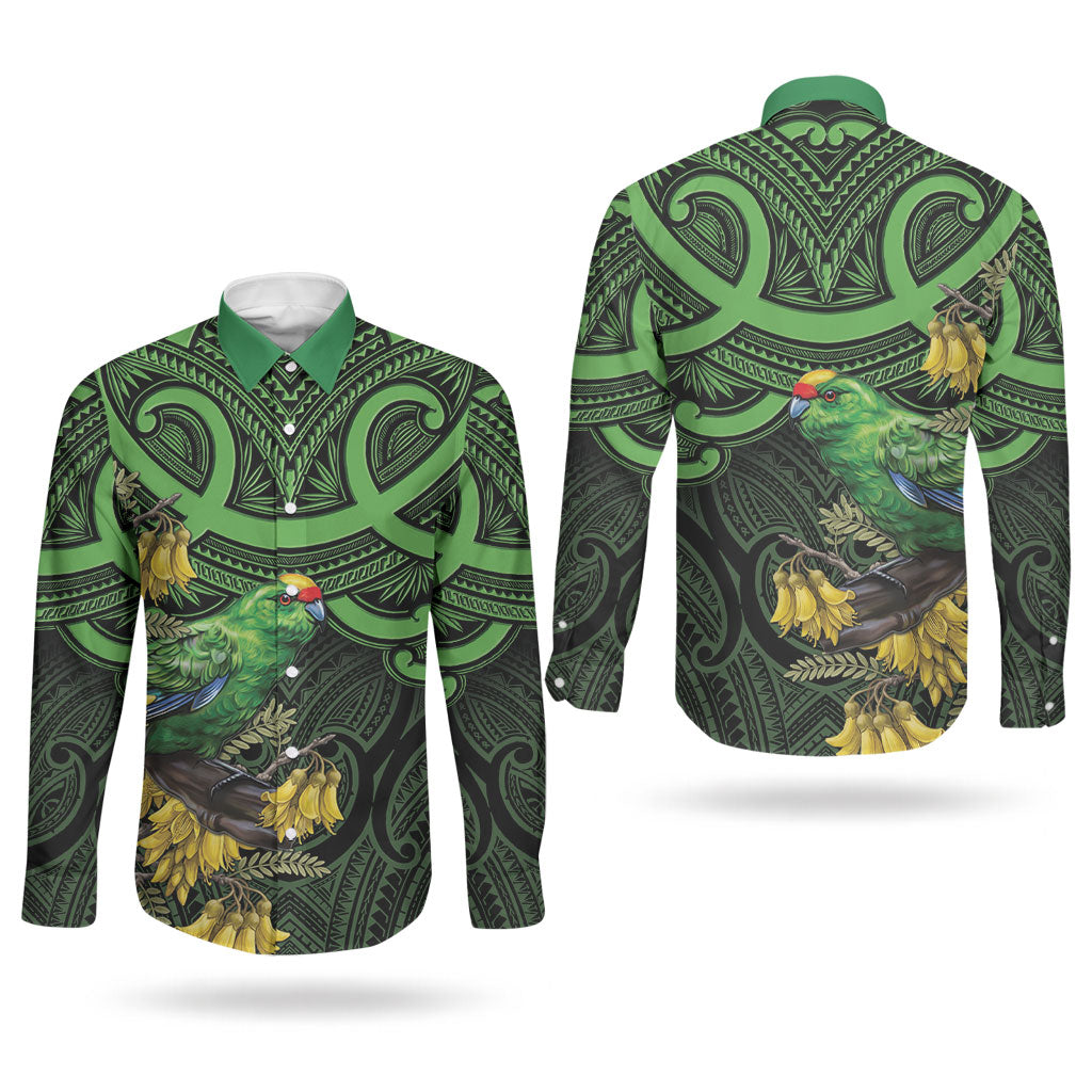 New Zealand Parakeet Bird Couples Matching Tank Maxi Dress and Long Sleeve Button Shirt Maori Kakariki Kowhai Maori Pattern