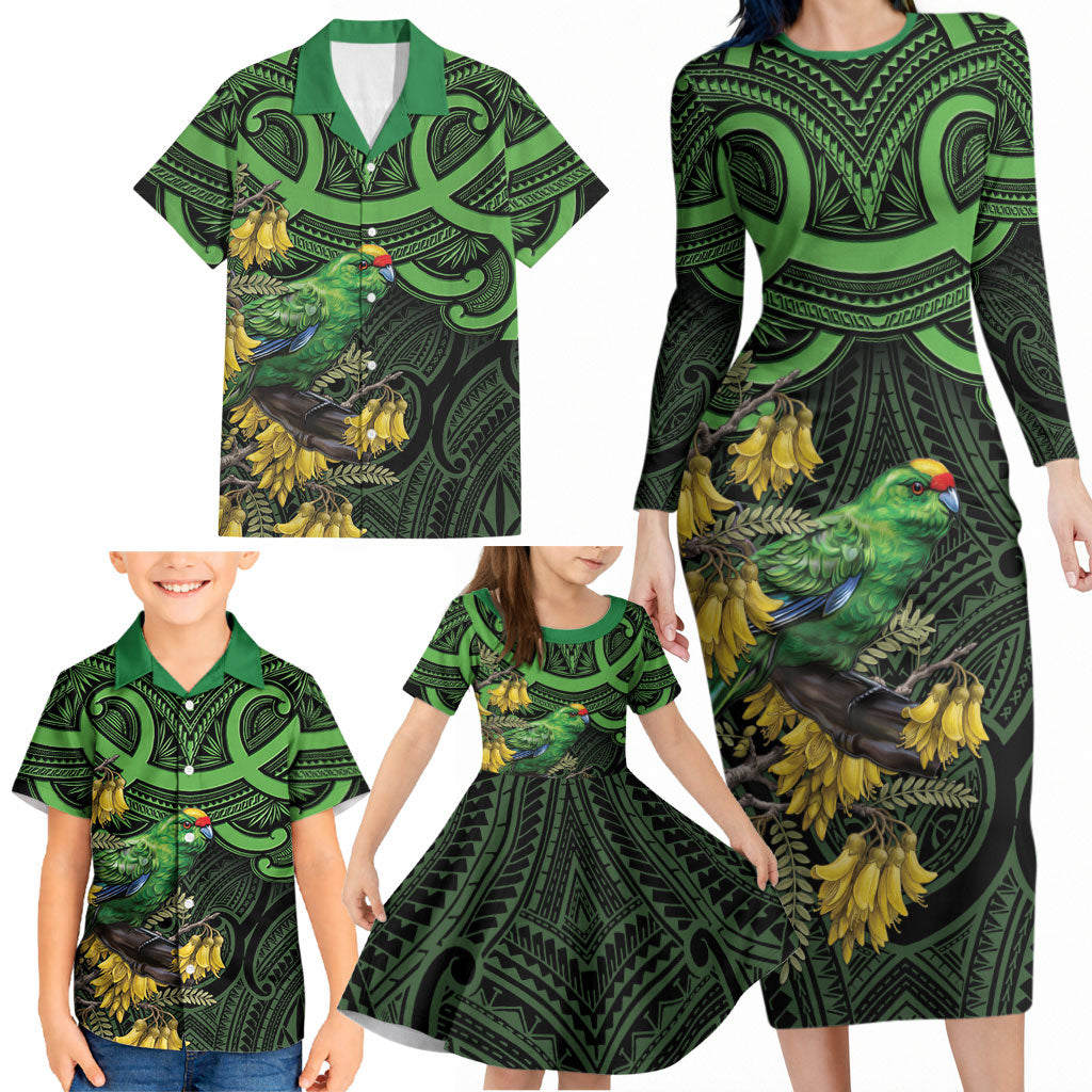 New Zealand Parakeet Bird Family Matching Long Sleeve Bodycon Dress and Hawaiian Shirt Maori Kakariki Kowhai Maori Pattern