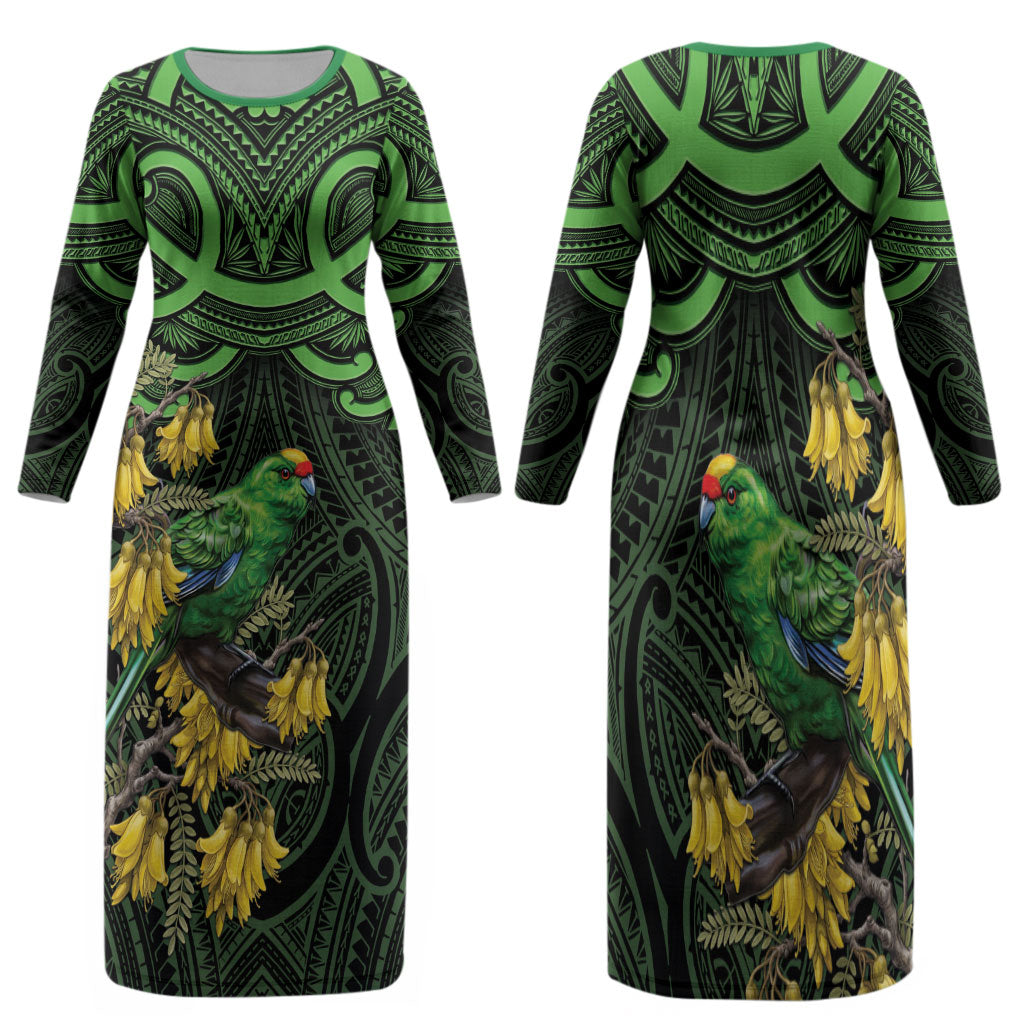 New Zealand Parakeet Bird Family Matching Long Sleeve Bodycon Dress and Hawaiian Shirt Maori Kakariki Kowhai Maori Pattern