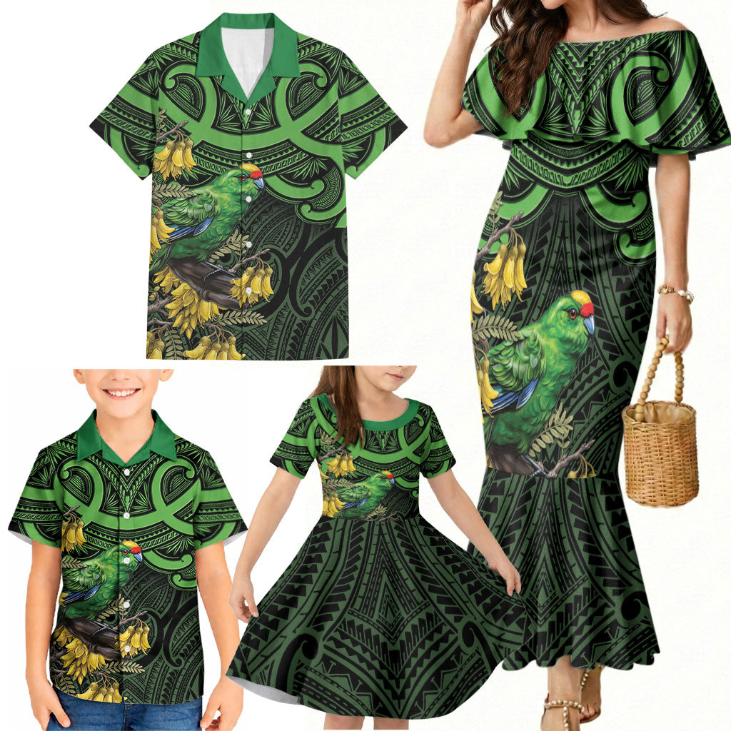 New Zealand Parakeet Bird Family Matching Mermaid Dress and Hawaiian Shirt Maori Kakariki Kowhai Maori Pattern