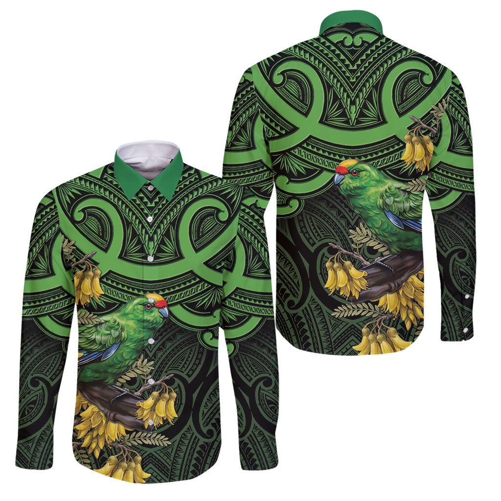 New Zealand Parakeet Bird Family Matching Off The Shoulder Long Sleeve Dress and Hawaiian Shirt Maori Kakariki Kowhai Maori Pattern