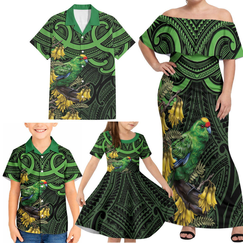 New Zealand Parakeet Bird Family Matching Off Shoulder Maxi Dress and Hawaiian Shirt Maori Kakariki Kowhai Maori Pattern