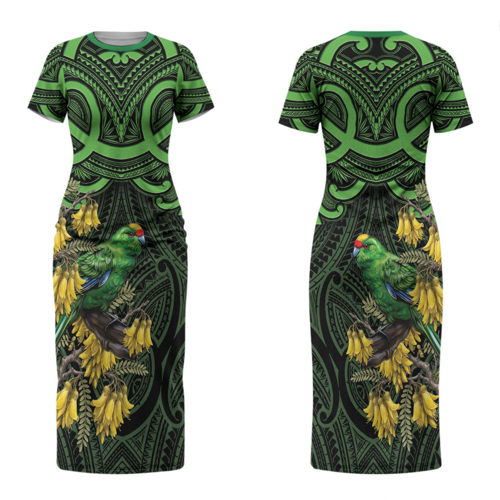 New Zealand Parakeet Bird Family Matching Short Sleeve Bodycon Dress and Hawaiian Shirt Maori Kakariki Kowhai Maori Pattern