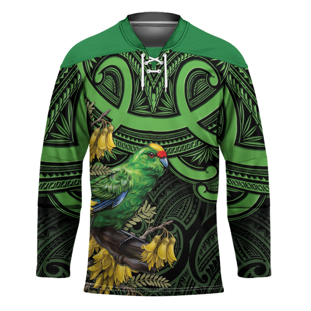 New Zealand Parakeet Bird Hockey Jersey Maori Kakariki Kowhai Maori Pattern