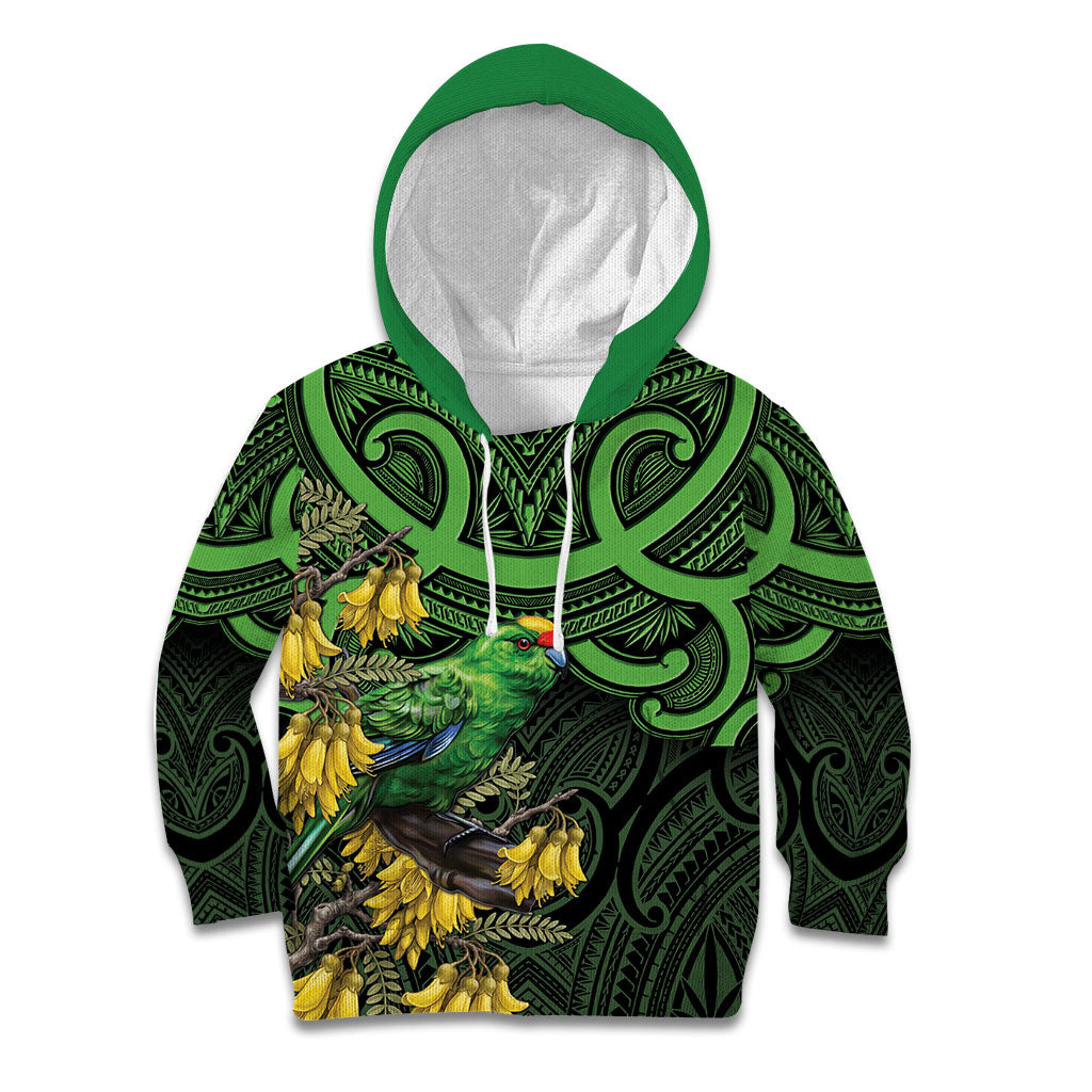 New Zealand Parakeet Bird Kid Hoodie Maori Kakariki Kowhai Maori Pattern