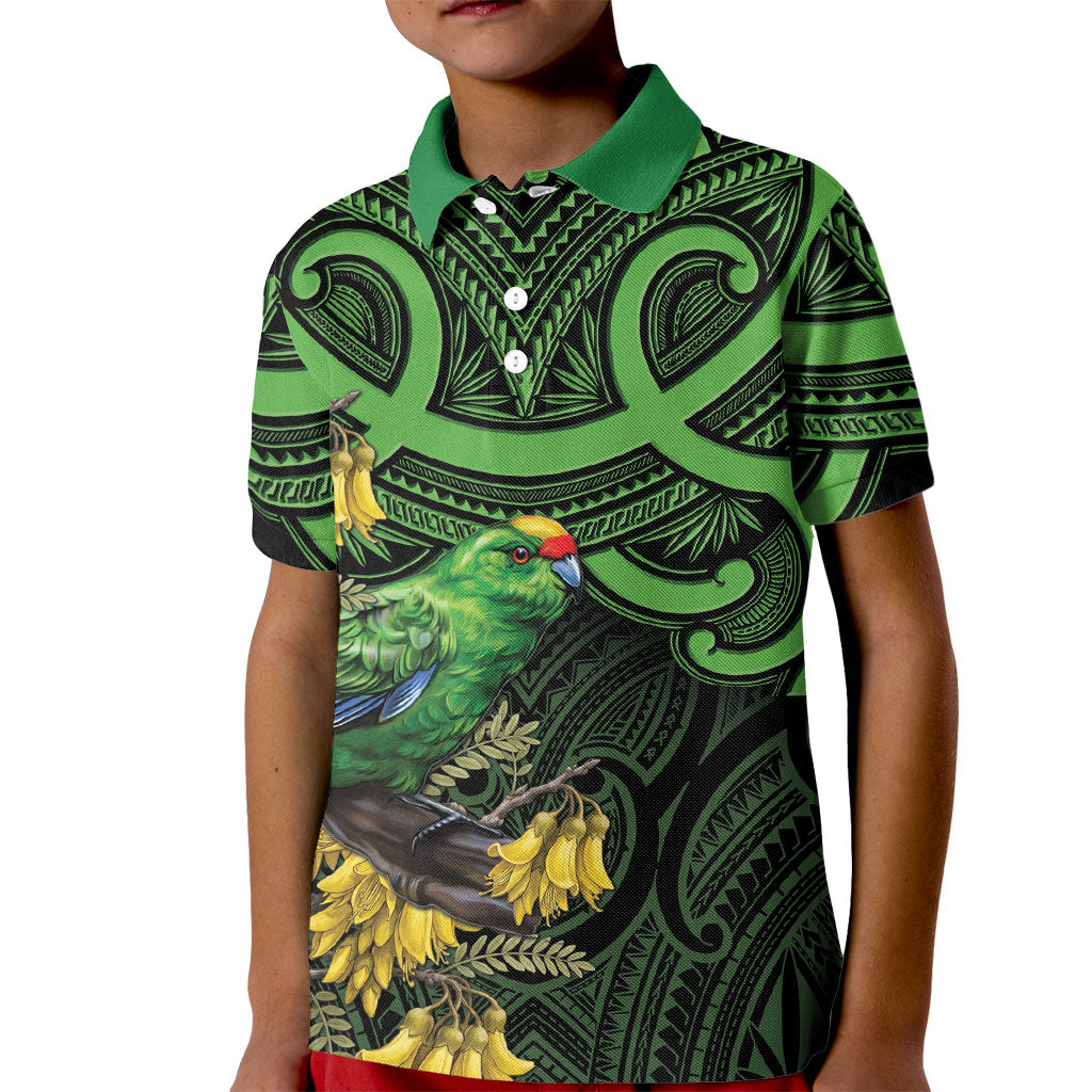 New Zealand Parakeet Bird Kid Polo Shirt Maori Kakariki Kowhai Maori Pattern