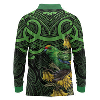 New Zealand Parakeet Bird Long Sleeve Polo Shirt Maori Kakariki Kowhai Maori Pattern