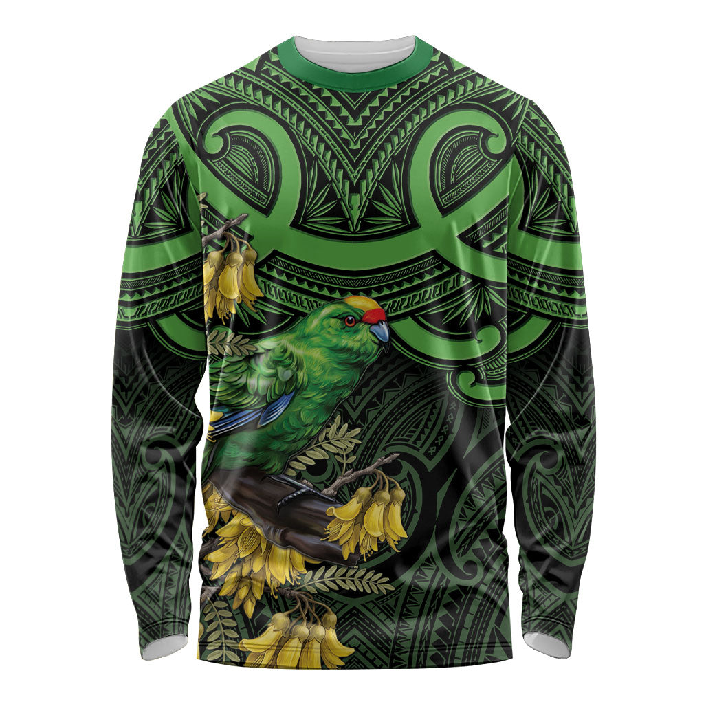 New Zealand Parakeet Bird Long Sleeve Shirt Maori Kakariki Kowhai Maori Pattern
