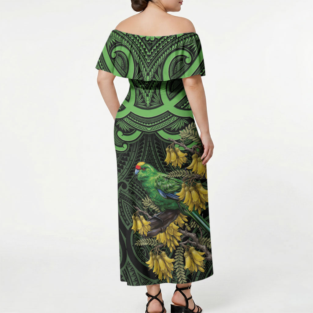 New Zealand Parakeet Bird Off Shoulder Maxi Dress Maori Kakariki Kowhai Maori Pattern