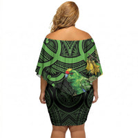 New Zealand Parakeet Bird Off Shoulder Short Dress Maori Kakariki Kowhai Maori Pattern