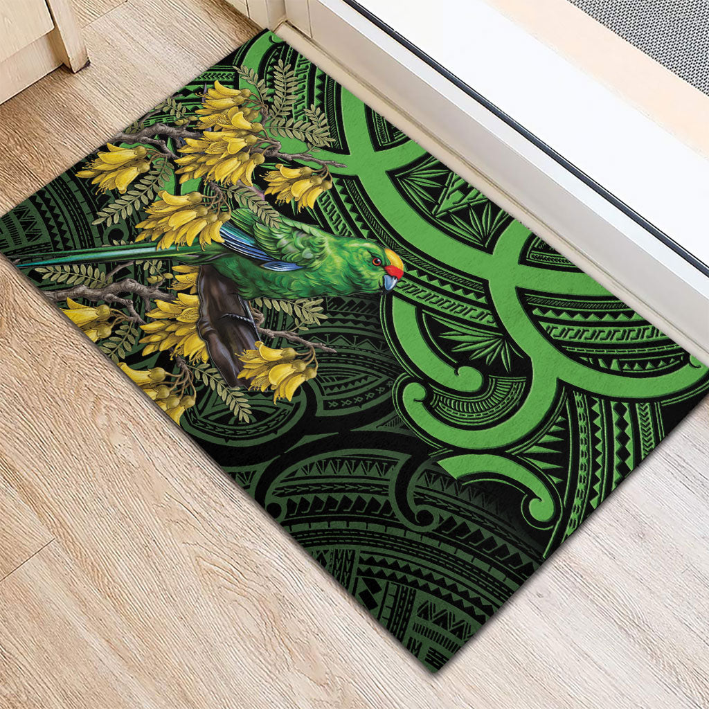 New Zealand Parakeet Bird Rubber Doormat Maori Kakariki Kowhai Maori Pattern