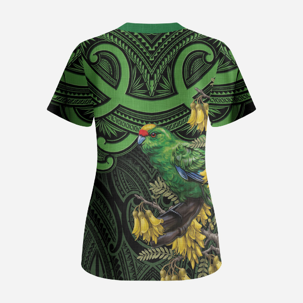 New Zealand Parakeet Bird Scrub Top Maori Kakariki Kowhai Maori Pattern