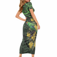New Zealand Parakeet Bird Short Sleeve Bodycon Dress Maori Kakariki Kowhai Maori Pattern