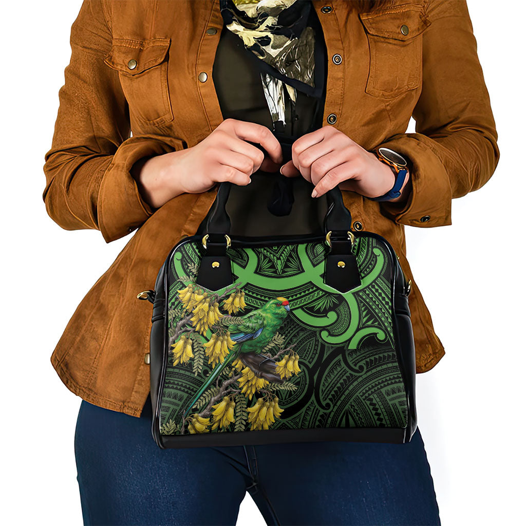 New Zealand Parakeet Bird Shoulder Handbag Maori Kakariki Kowhai Maori Pattern