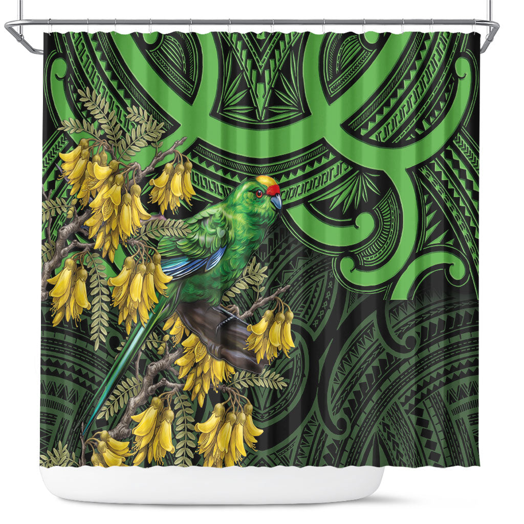 New Zealand Parakeet Bird Shower Curtain Maori Kakariki Kowhai Maori Pattern