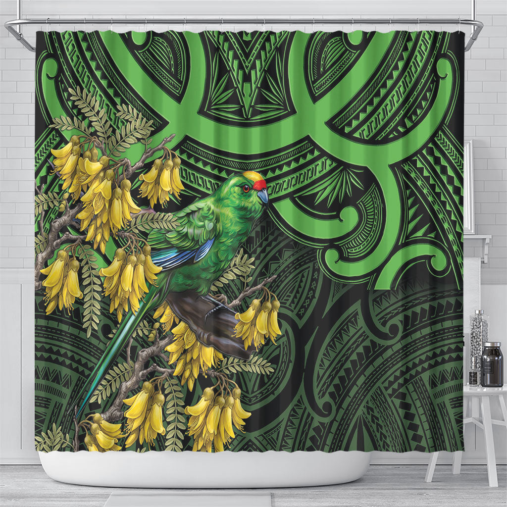 New Zealand Parakeet Bird Shower Curtain Maori Kakariki Kowhai Maori Pattern