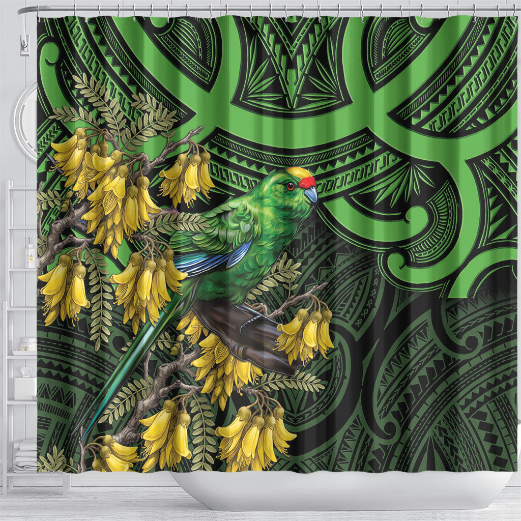 New Zealand Parakeet Bird Shower Curtain Maori Kakariki Kowhai Maori Pattern