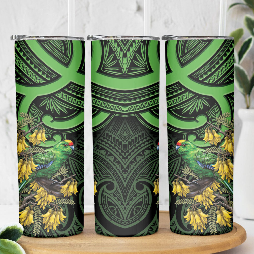 New Zealand Parakeet Bird Skinny Tumbler Maori Kakariki Kowhai Maori Pattern