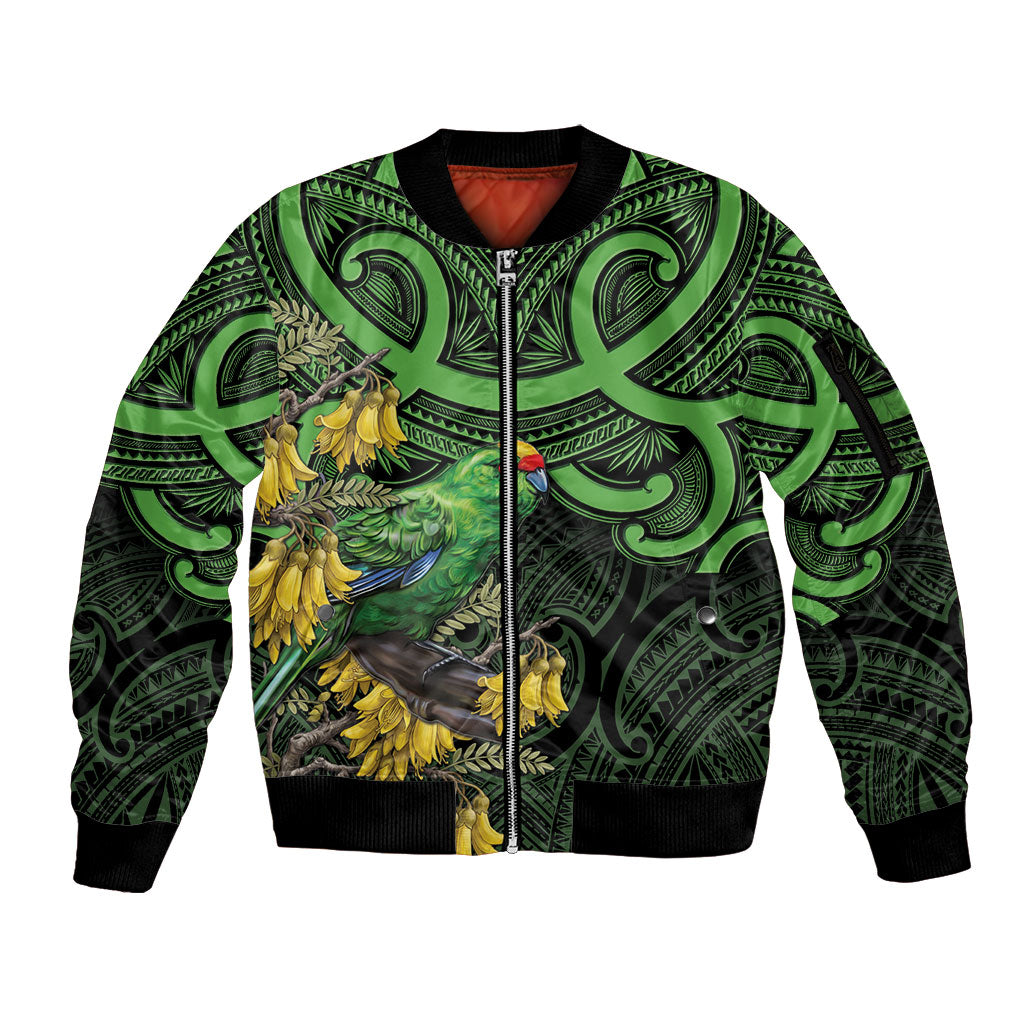 New Zealand Parakeet Bird Sleeve Zip Bomber Jacket Maori Kakariki Kowhai Maori Pattern
