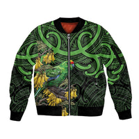 New Zealand Parakeet Bird Sleeve Zip Bomber Jacket Maori Kakariki Kowhai Maori Pattern
