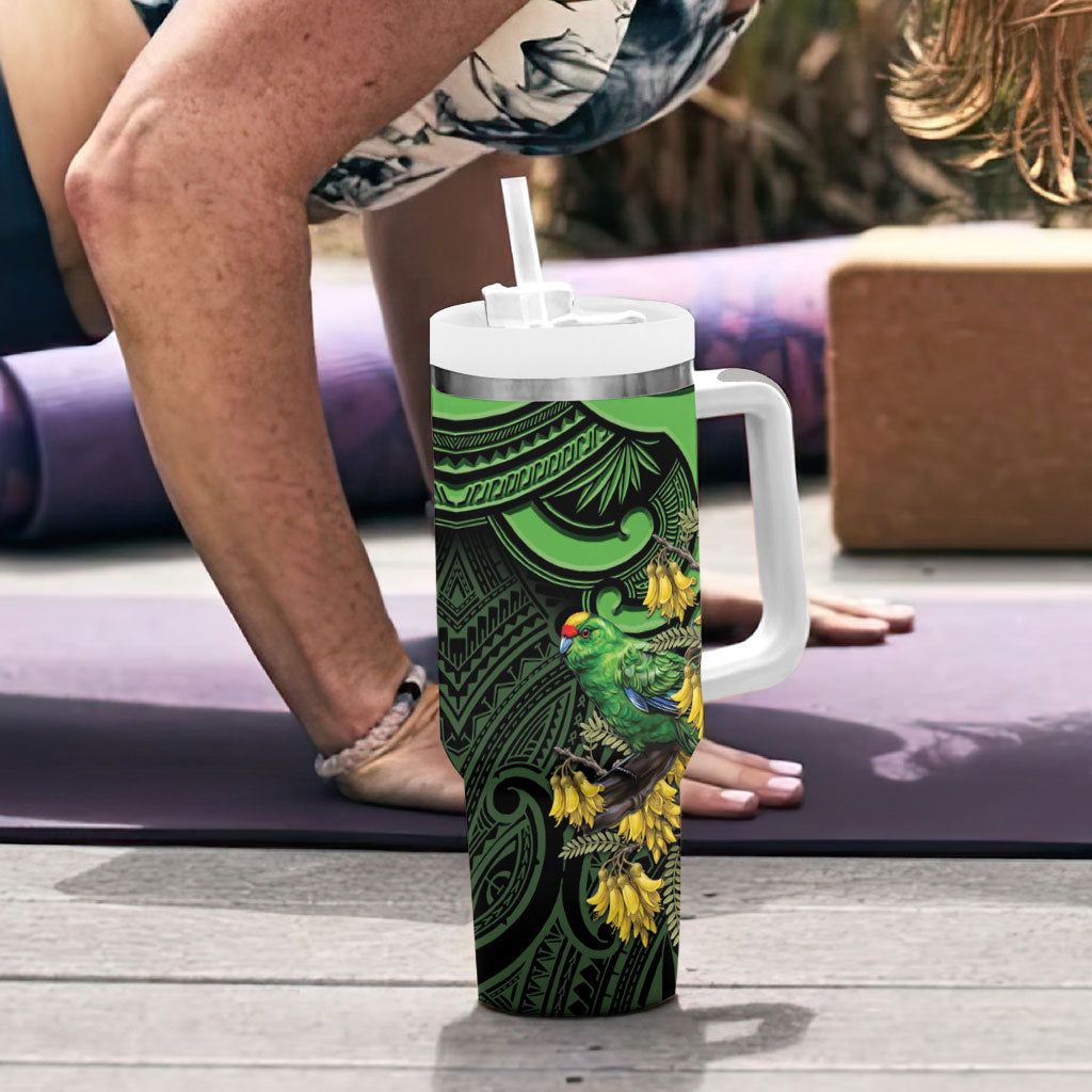 New Zealand Parakeet Bird Tumbler With Handle Maori Kakariki Kowhai Maori Pattern