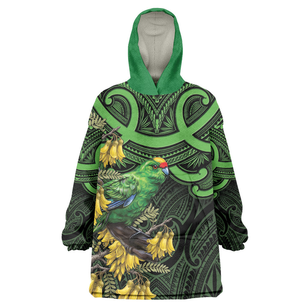 New Zealand Parakeet Bird Wearable Blanket Hoodie Maori Kakariki Kowhai Maori Pattern