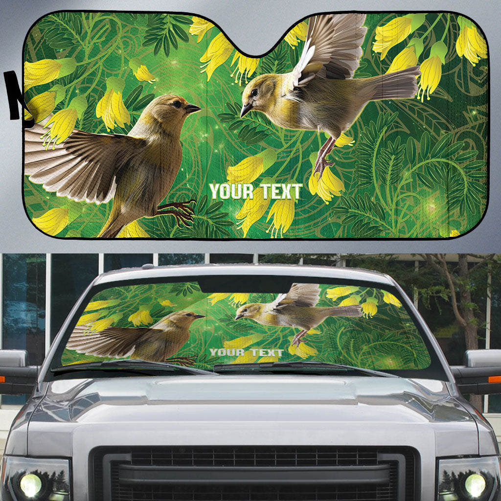 Bellbird New Zealand Personalised Auto Sun Shade Kowhai Flower Maori Pattern LT22 Green - Polynesian Pride