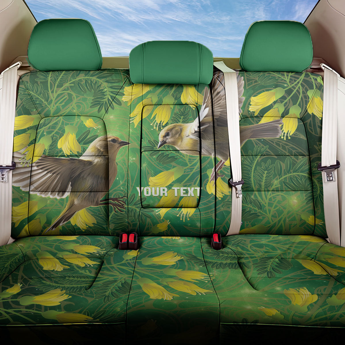 Bellbird New Zealand Personalised Back Car Seat Cover Kowhai Flower Maori Pattern LT22 One Size Green - Polynesian Pride