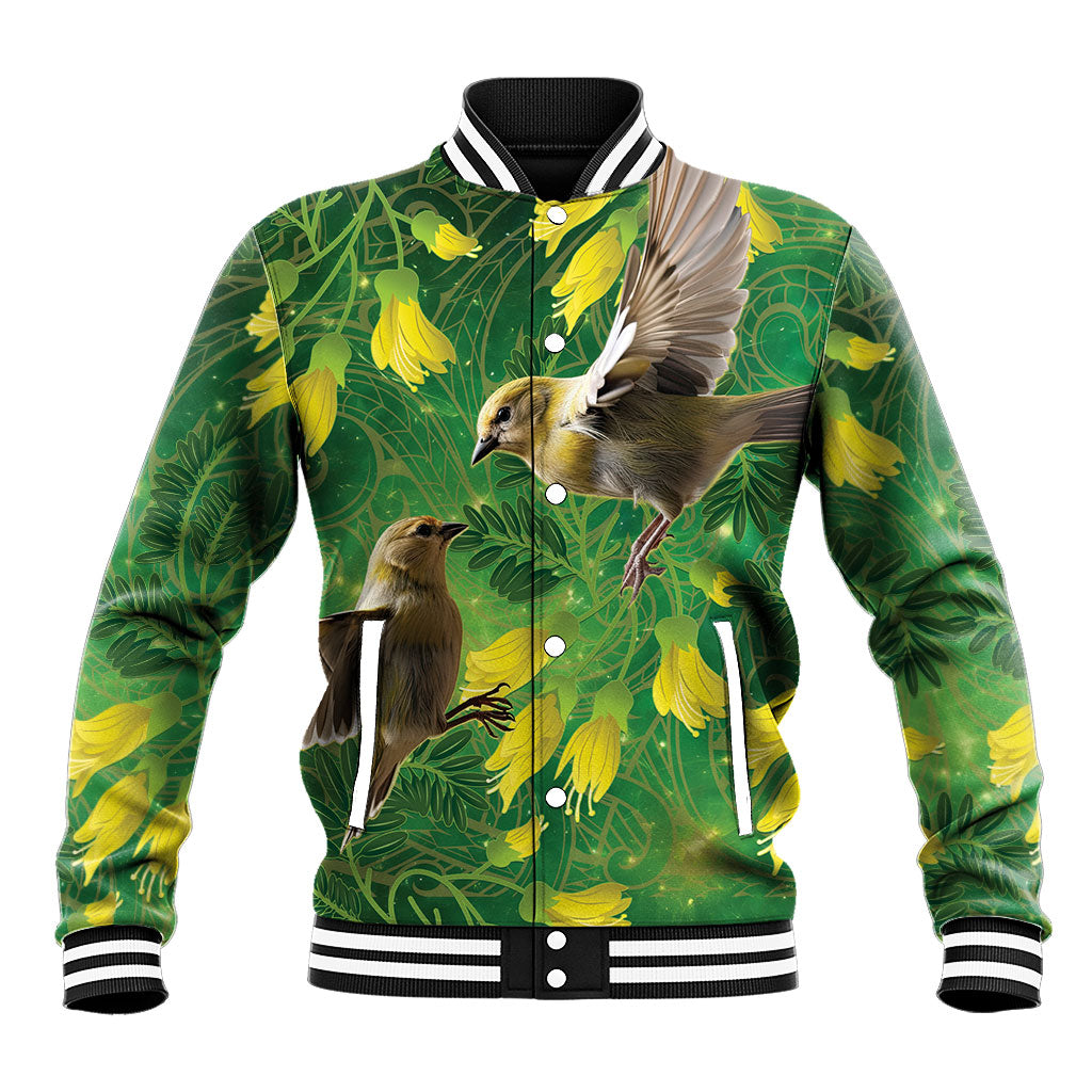 Bellbird New Zealand Personalised Baseball Jacket Kowhai Flower Maori Pattern LT22 Unisex Green - Polynesian Pride