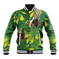 Bellbird New Zealand Personalised Baseball Jacket Kowhai Flower Maori Pattern LT22 Unisex Green - Polynesian Pride
