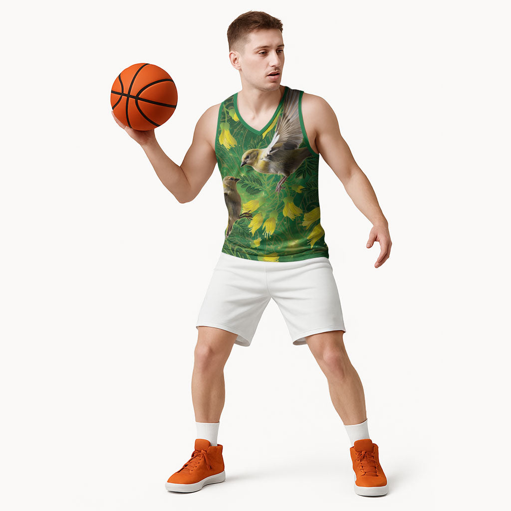 Bellbird New Zealand Personalised Basketball Jersey Kowhai Flower Maori Pattern LT22 - Polynesian Pride