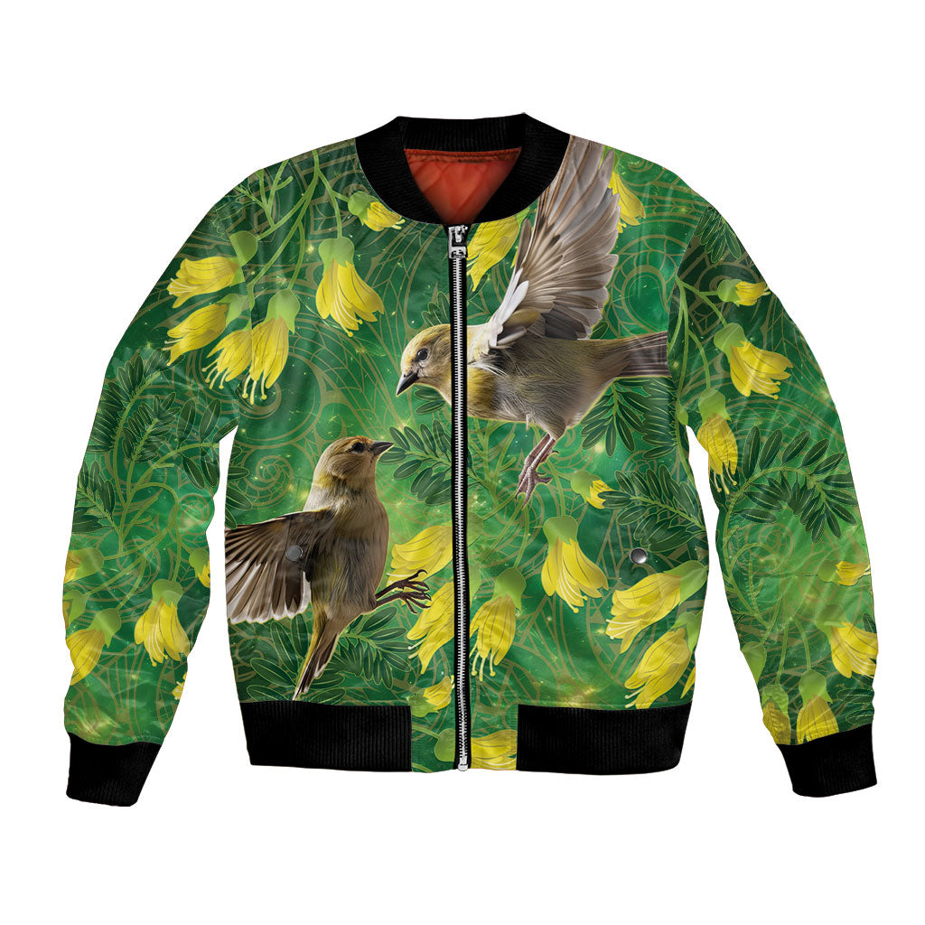 Bellbird New Zealand Personalised Bomber Jacket Kowhai Flower Maori Pattern LT22 Unisex Green - Polynesian Pride