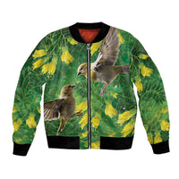 Bellbird New Zealand Personalised Bomber Jacket Kowhai Flower Maori Pattern LT22 Unisex Green - Polynesian Pride