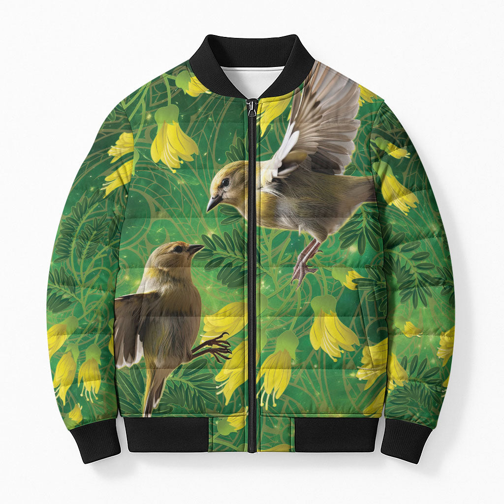 Bellbird New Zealand Personalised Bomber Puffer Jacket Kowhai Flower Maori Pattern LT22 Unisex Green - Polynesian Pride