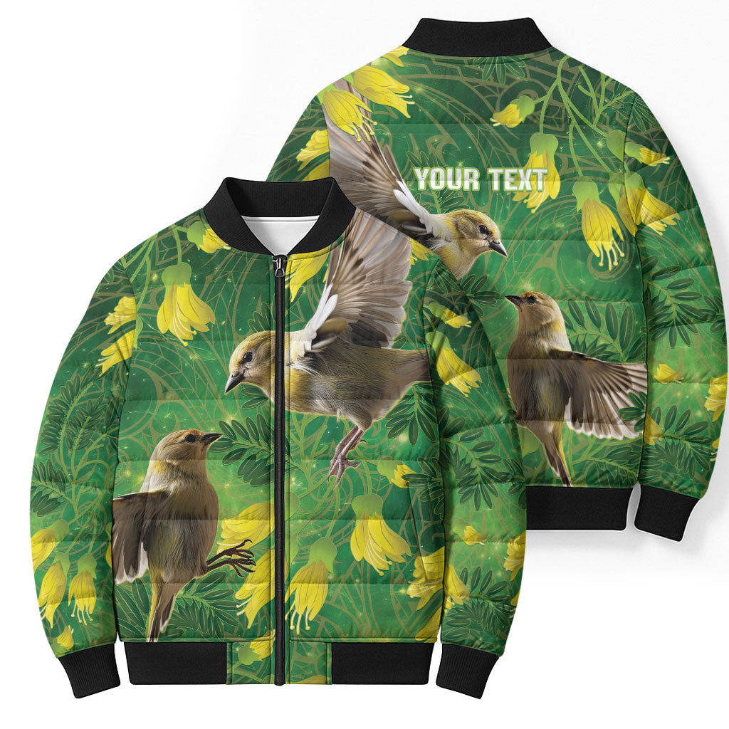 Bellbird New Zealand Personalised Bomber Puffer Jacket Kowhai Flower Maori Pattern LT22 - Polynesian Pride