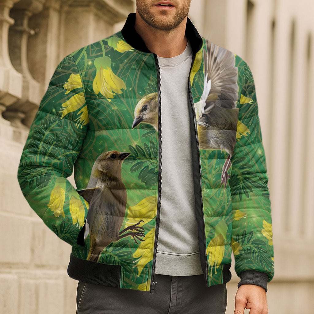 Bellbird New Zealand Personalised Bomber Puffer Jacket Kowhai Flower Maori Pattern LT22 - Polynesian Pride