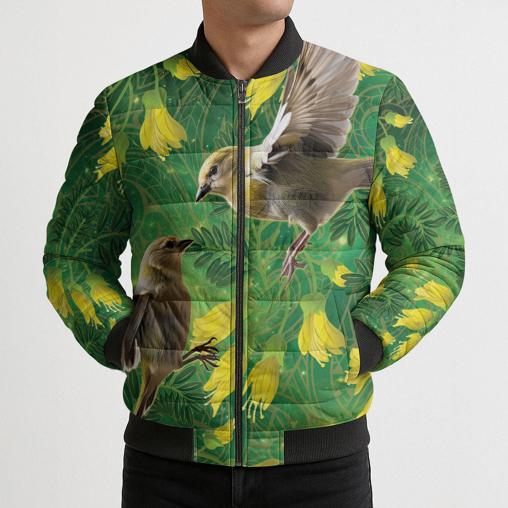 Bellbird New Zealand Personalised Bomber Puffer Jacket Kowhai Flower Maori Pattern LT22 - Polynesian Pride