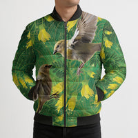 Bellbird New Zealand Personalised Bomber Puffer Jacket Kowhai Flower Maori Pattern LT22 - Polynesian Pride